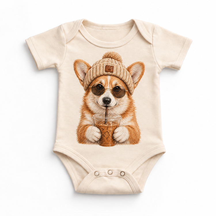 Corgi iced coffee design on Natural Baby Bodysuit