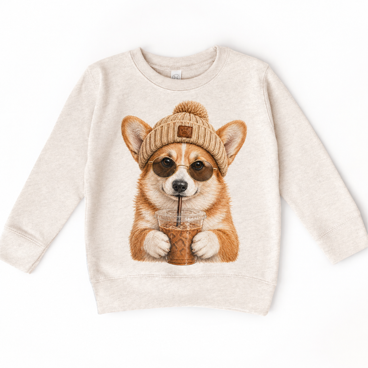 Corgi iced coffee design on Natural Heather Sweatshirt