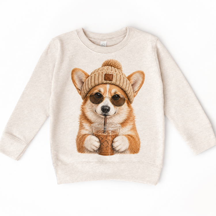Corgi iced coffee design on Natural Heather Sweatshirt