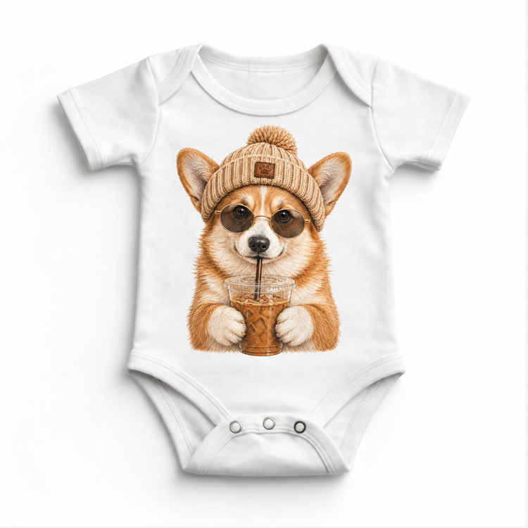 Corgi iced coffee design on White Baby Bodysuit