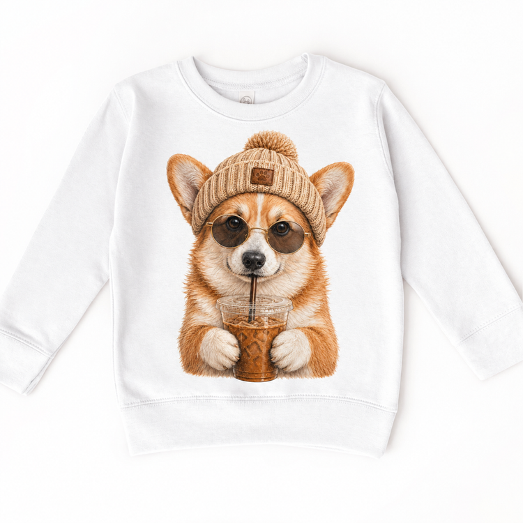 Corgi iced coffee design on White Sweatshirt
