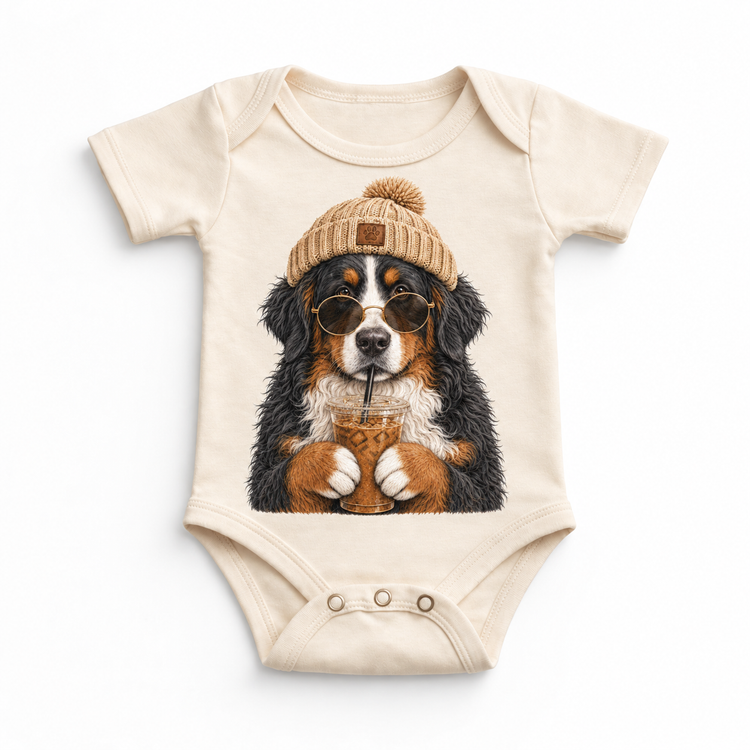 Bernese Mountain Dog iced coffee design on Natural Baby Bodysuit