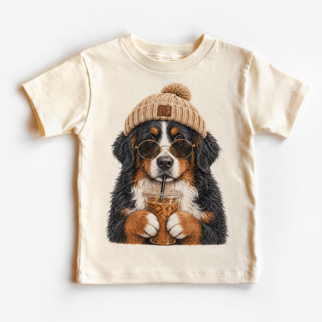 Bernese Mountain Dog iced coffee design on Natural Short Sleeve Tee