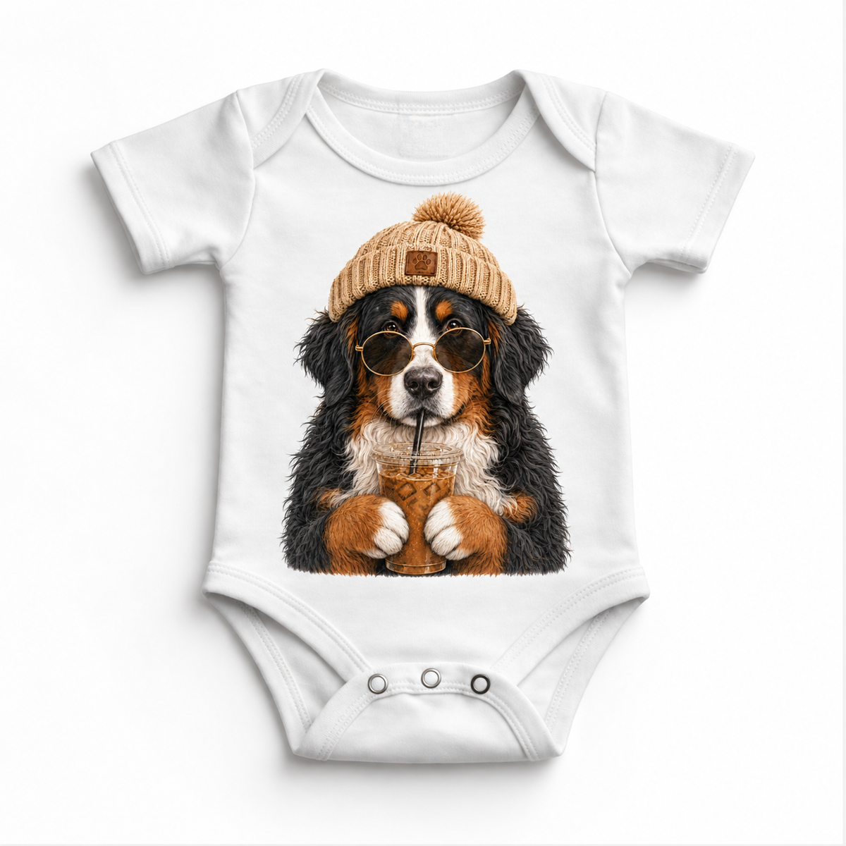 Bernese Mountain Dog iced coffee design on White Baby Bodysuit