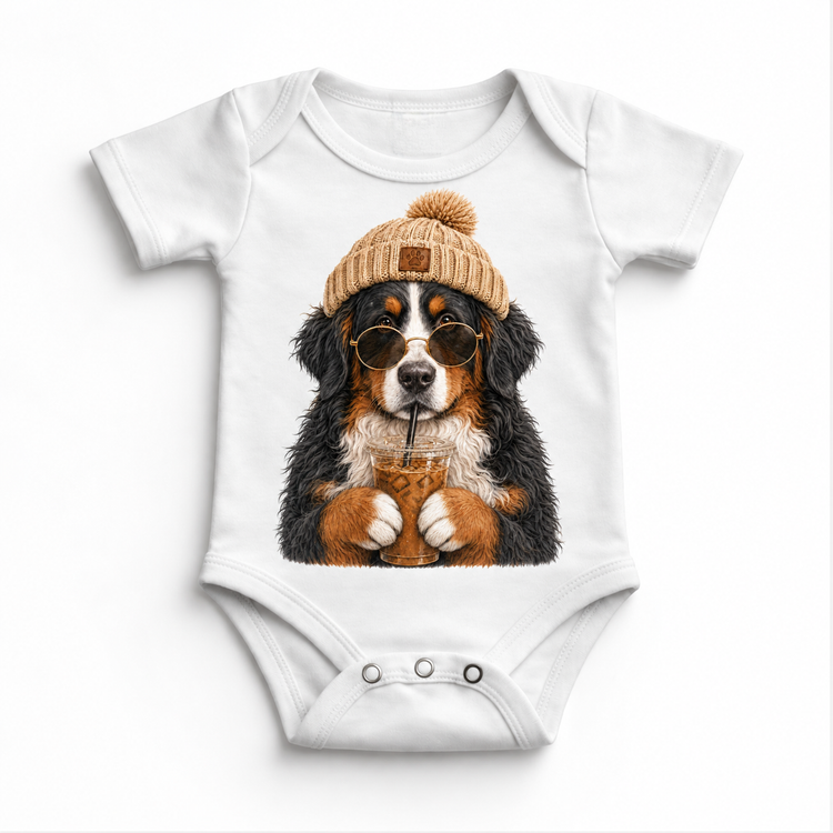 Bernese Mountain Dog iced coffee design on White Baby Bodysuit