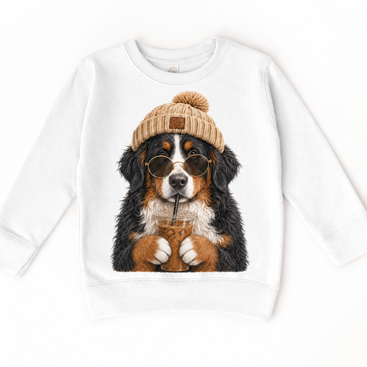 Bernese Mountain Dog iced coffee design on White Sweatshirt