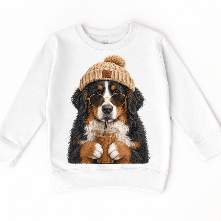 Bernese Mountain Dog iced coffee design on White Sweatshirt