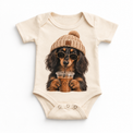 Long Haired Dachshund iced coffee design on Natural Baby Bodysuit
