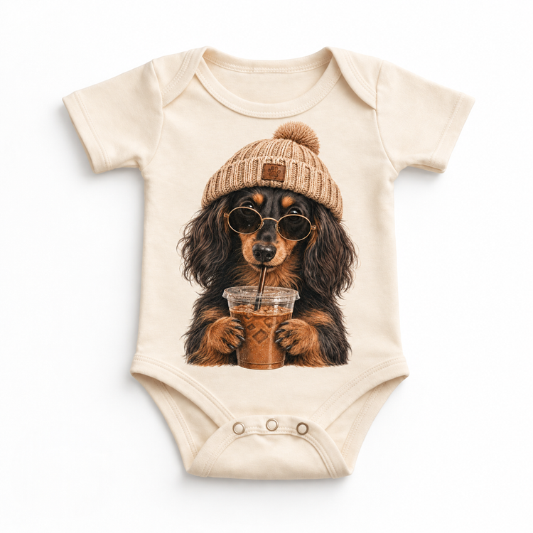 Long Haired Dachshund iced coffee design on Natural Baby Bodysuit