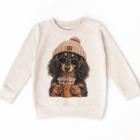 Long Haired Dachshund iced coffee design on Natural Heather Sweatshirt