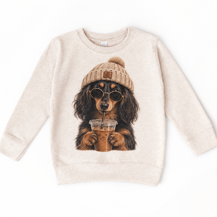 Long Haired Dachshund iced coffee design on Natural Heather Sweatshirt