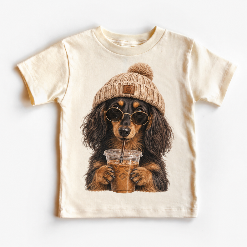 Long Haired Dachshund iced coffee design on Natural Short Sleeve Tee