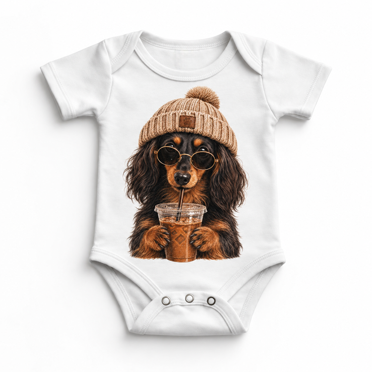 Long Haired Dachshund iced coffee design on White Baby Bodysuit