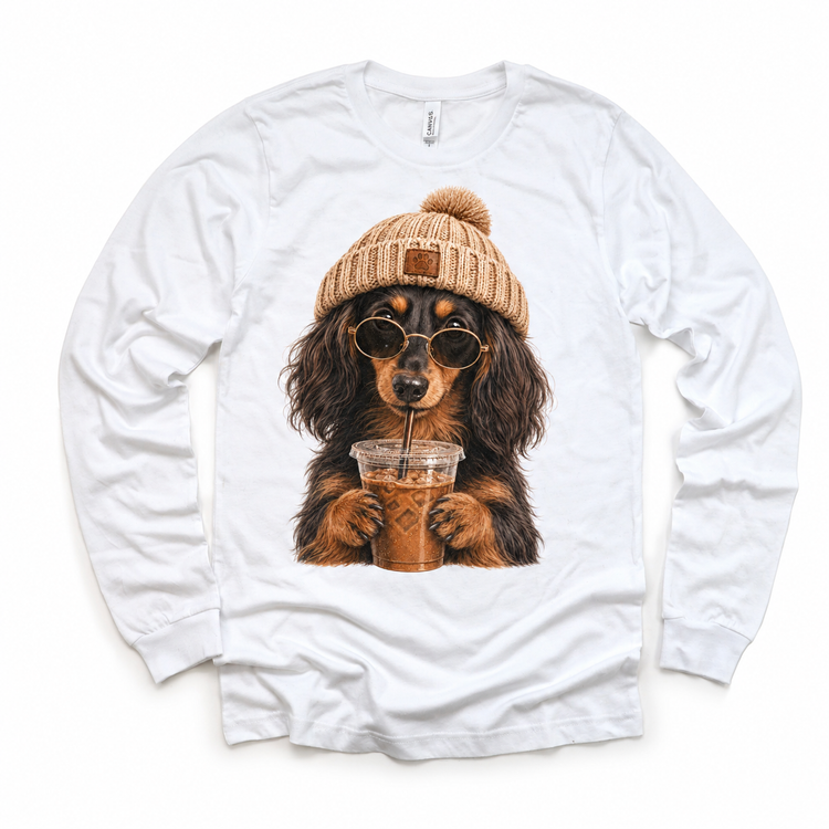 Long Haired Dachshund iced coffee design on White Long Sleeve Tee