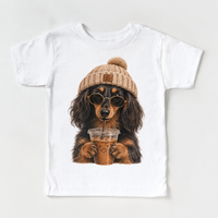 Long Haired Dachshund iced coffee design on White Short Sleeve Tee