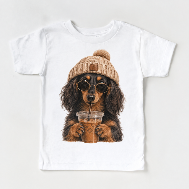 Long Haired Dachshund iced coffee design on White Short Sleeve Tee
