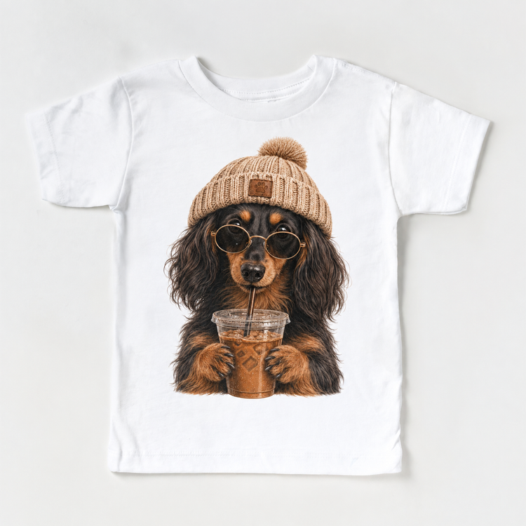 Long Haired Dachshund iced coffee design on White Short Sleeve Tee