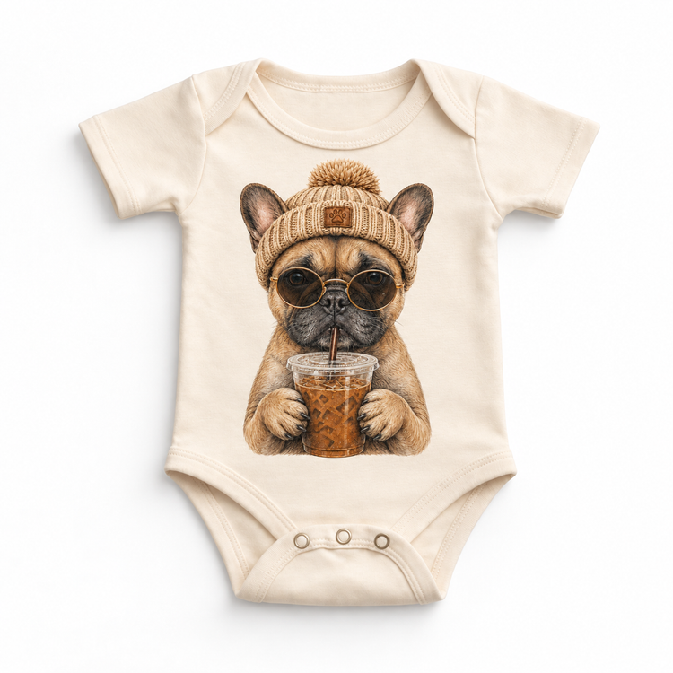 French Bulldog iced coffee design on Natural Baby Bodysuit