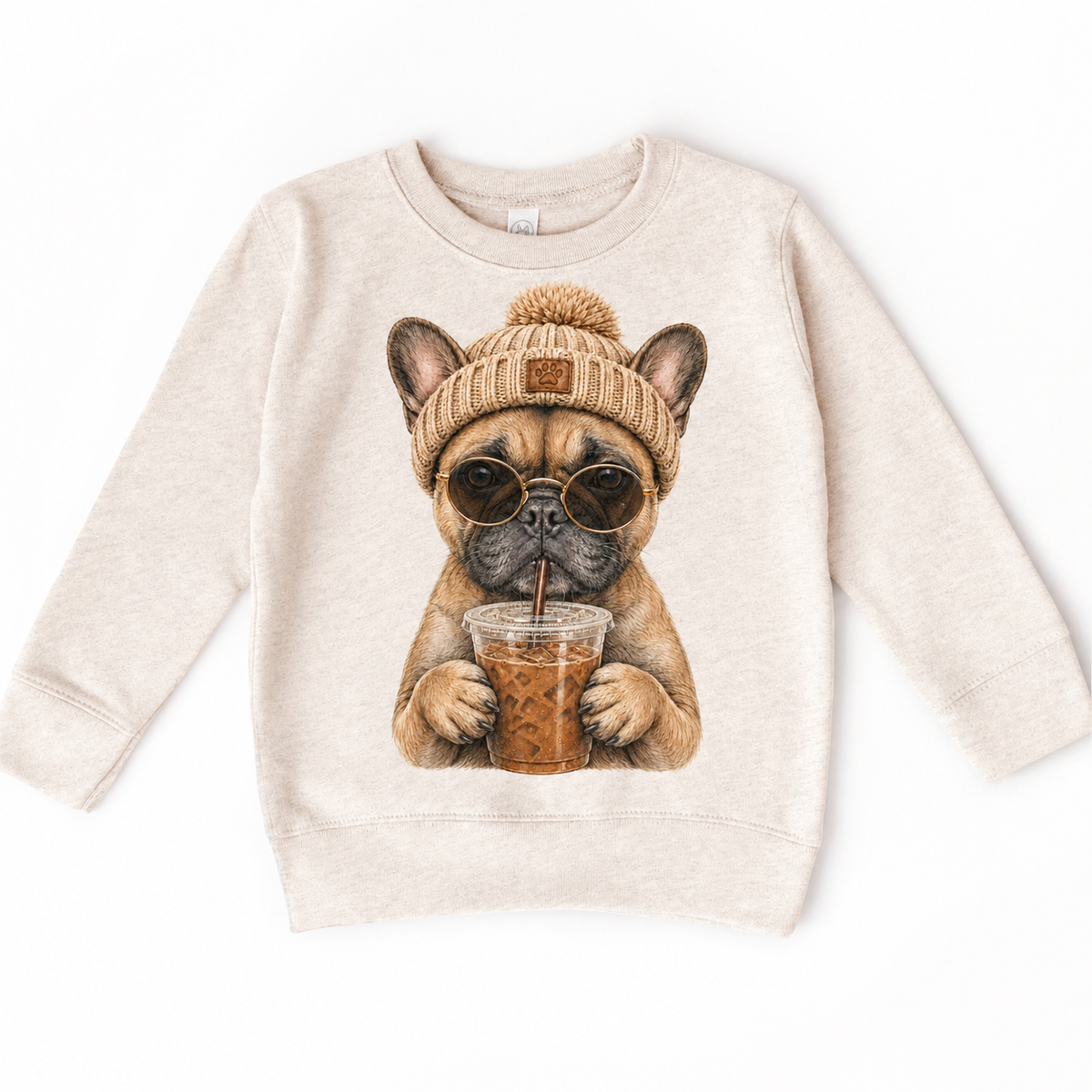 French Bulldog iced coffee design on Natural Heather Sweatshirt