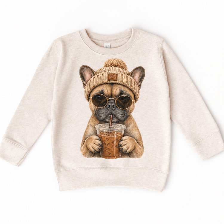French Bulldog iced coffee design on Natural Heather Sweatshirt