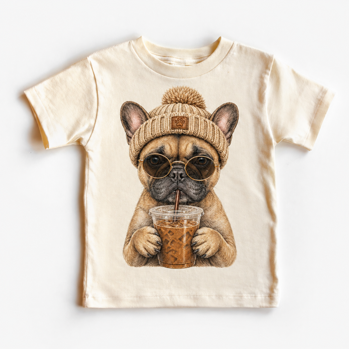 French Bulldog iced coffee design on Natural Short Sleeve Tee