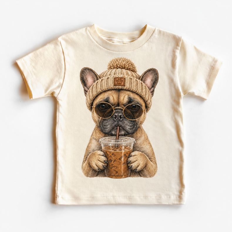 French Bulldog iced coffee design on Natural Short Sleeve Tee