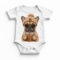 French Bulldog iced coffee design on White Baby Bodysuit