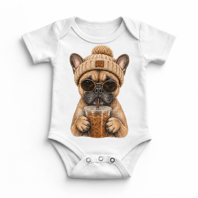 French Bulldog iced coffee design on White Baby Bodysuit