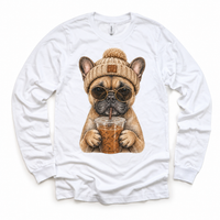 French Bulldog iced coffee design on White Long Sleeve Tee