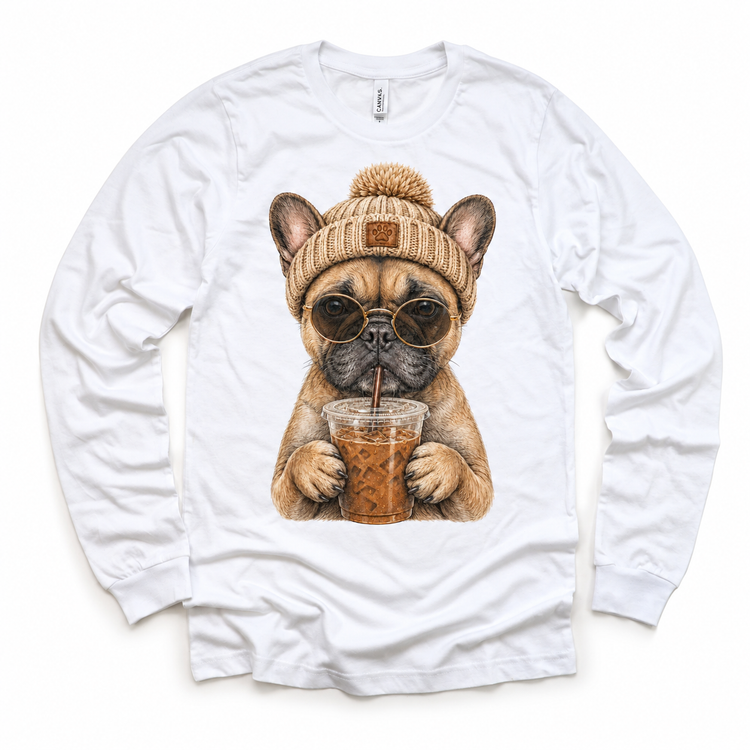 French Bulldog iced coffee design on White Long Sleeve Tee