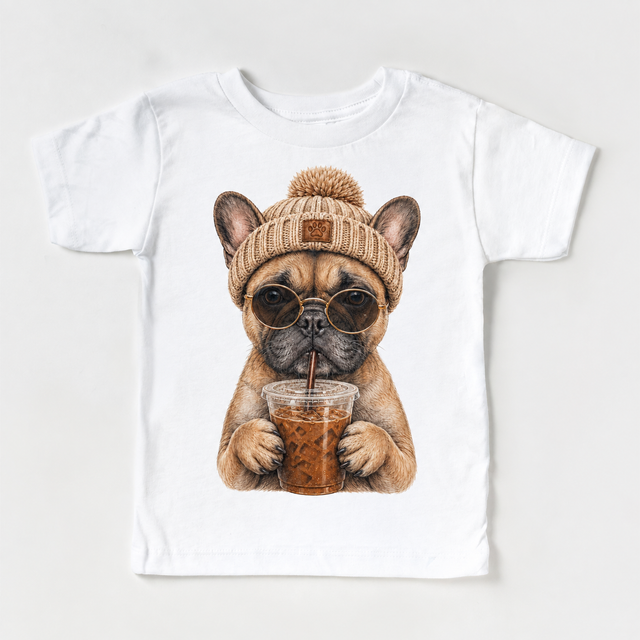 French Bulldog iced coffee design on White Short Sleeve Tee