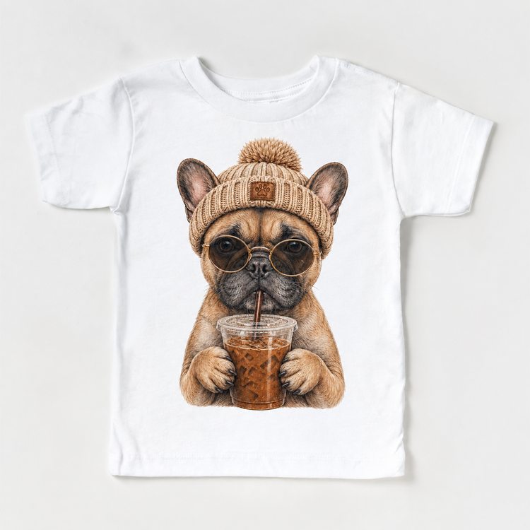 French Bulldog iced coffee design on White Short Sleeve Tee