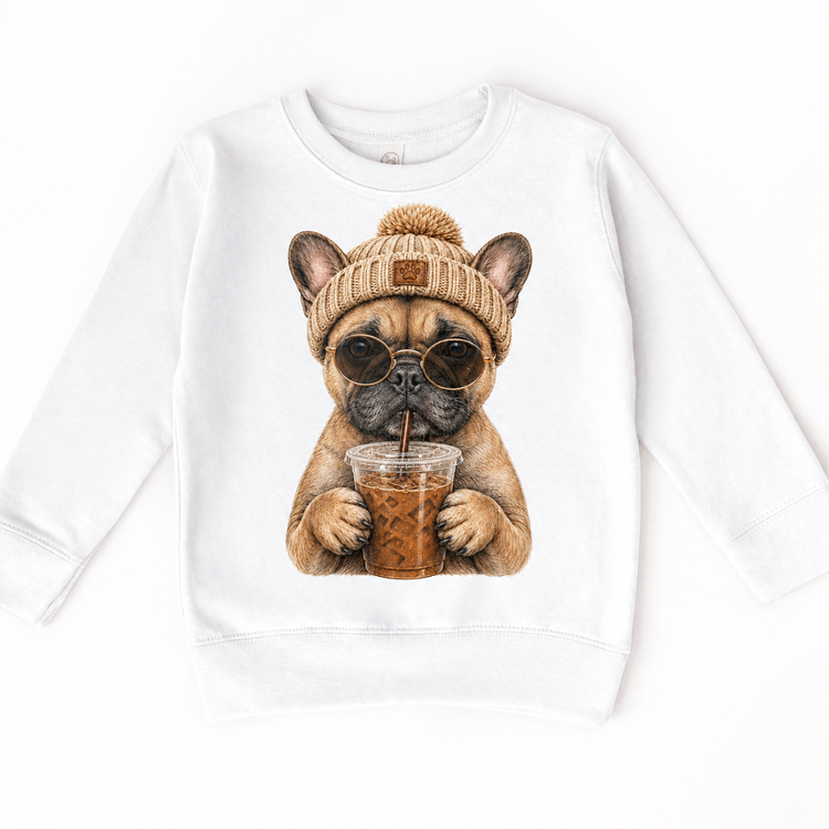 French Bulldog iced coffee design on White Sweatshirt