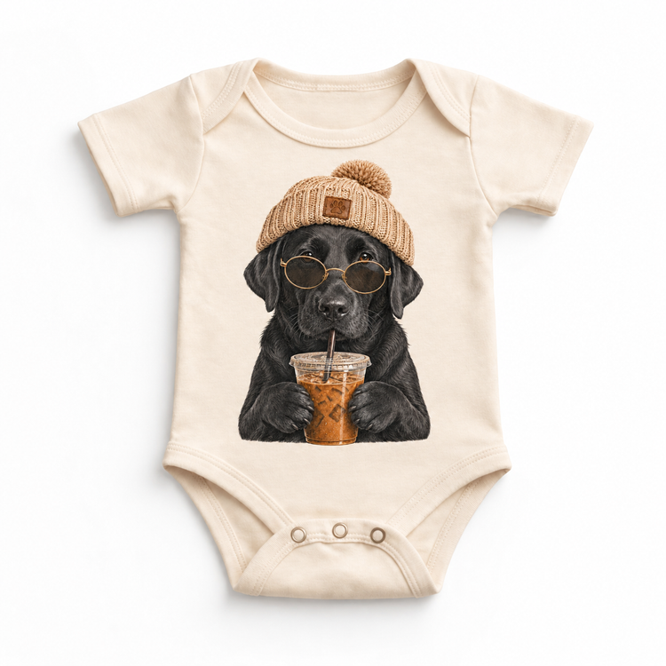 Black Labrador iced coffee design on Natural Baby Bodysuit