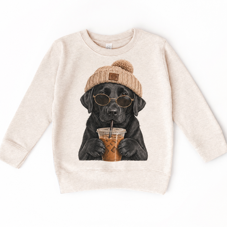 Black Labrador iced coffee design on Natural Heather Sweatshirt