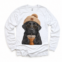 Black Labrador iced coffee design on White Long Sleeve Tee