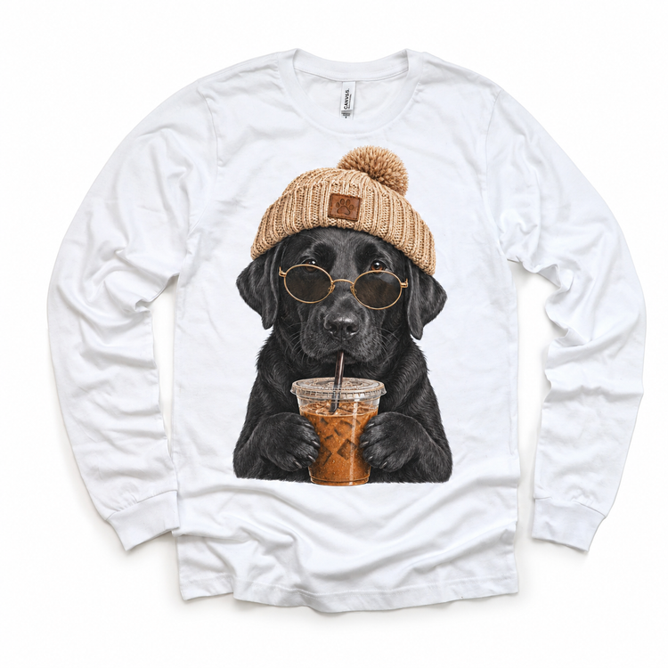 Black Labrador iced coffee design on White Long Sleeve Tee