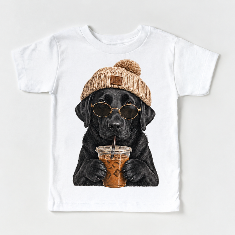 Black Labrador iced coffee design on White Short Sleeve Tee