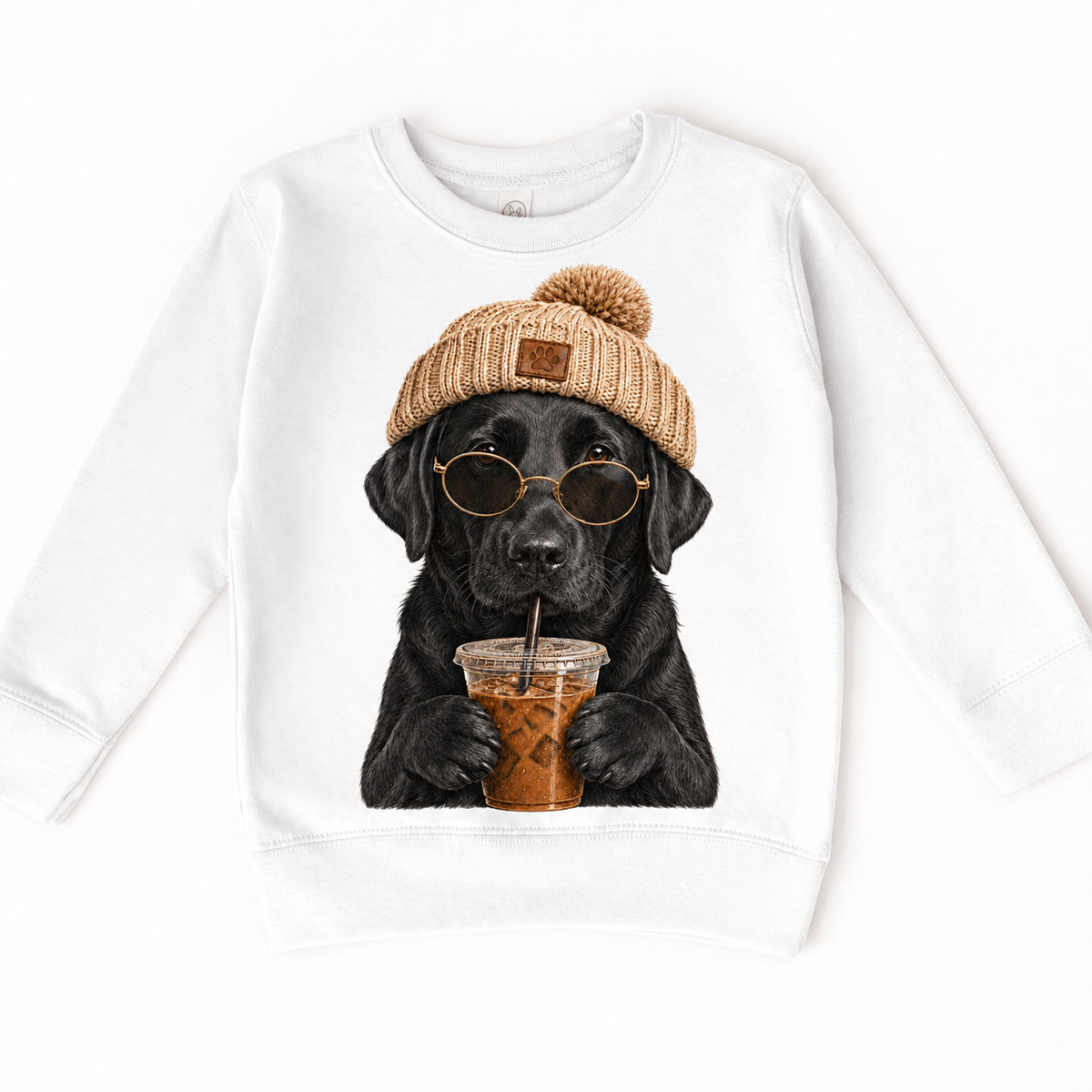 Black Labrador iced coffee design on White Sweatshirt