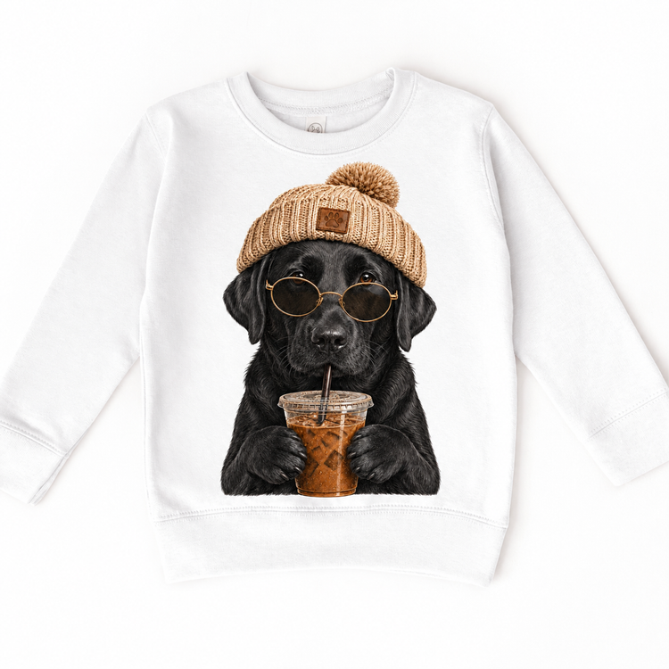 Black Labrador iced coffee design on White Sweatshirt