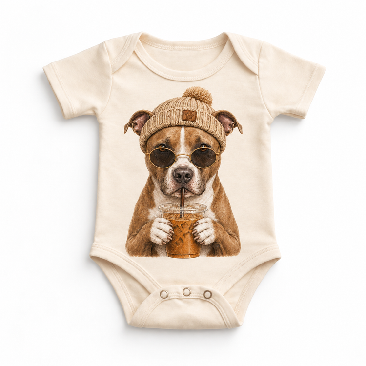 Pit Bull iced coffee design on Natural Baby Bodysuit