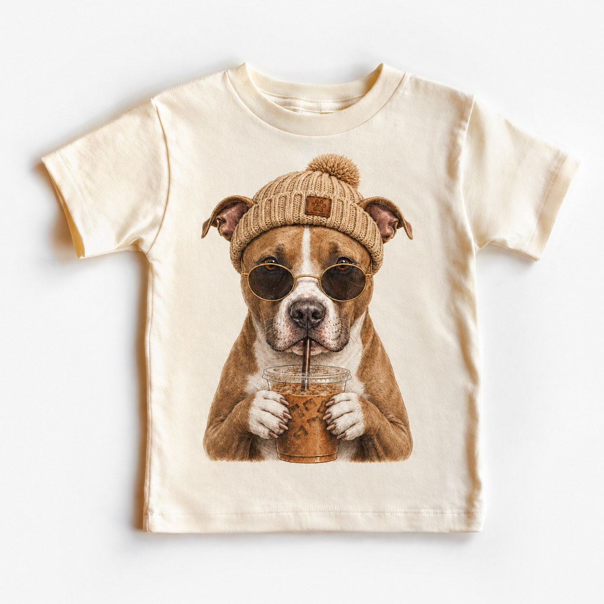 Pit Bull iced coffee design on Natural Short Sleeve Tee