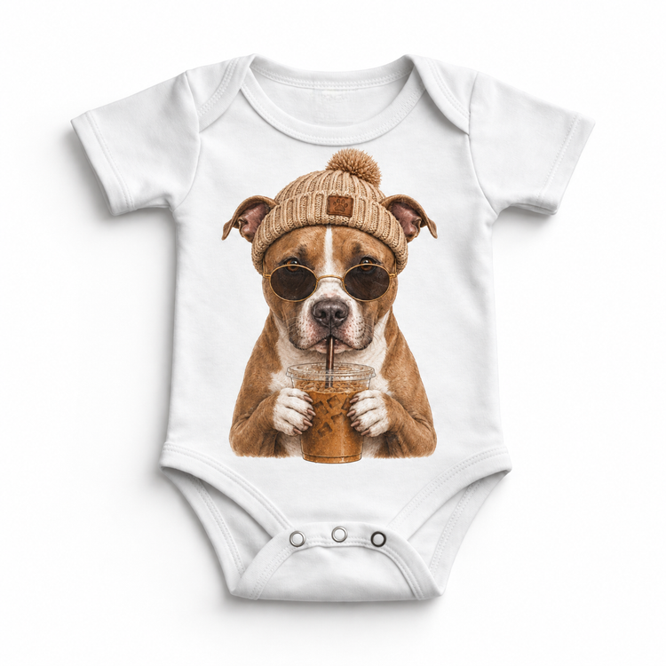 Pit Bull iced coffee design on White Baby Bodysuit