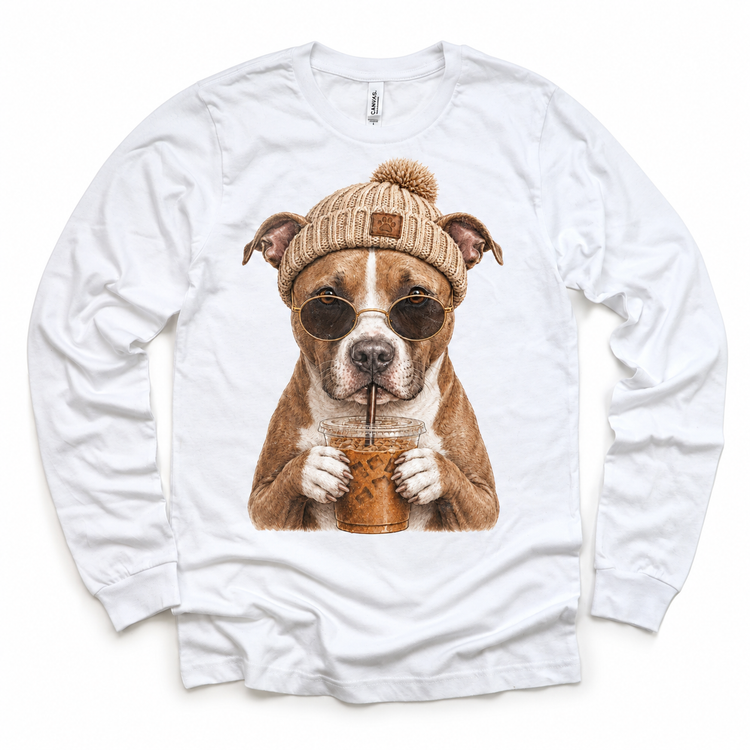 Pit Bull iced coffee design on White Long Sleeve Tee