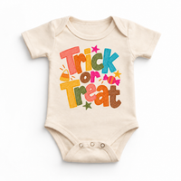 Trick or Treat colorful Halloween design on a natural bodysuit