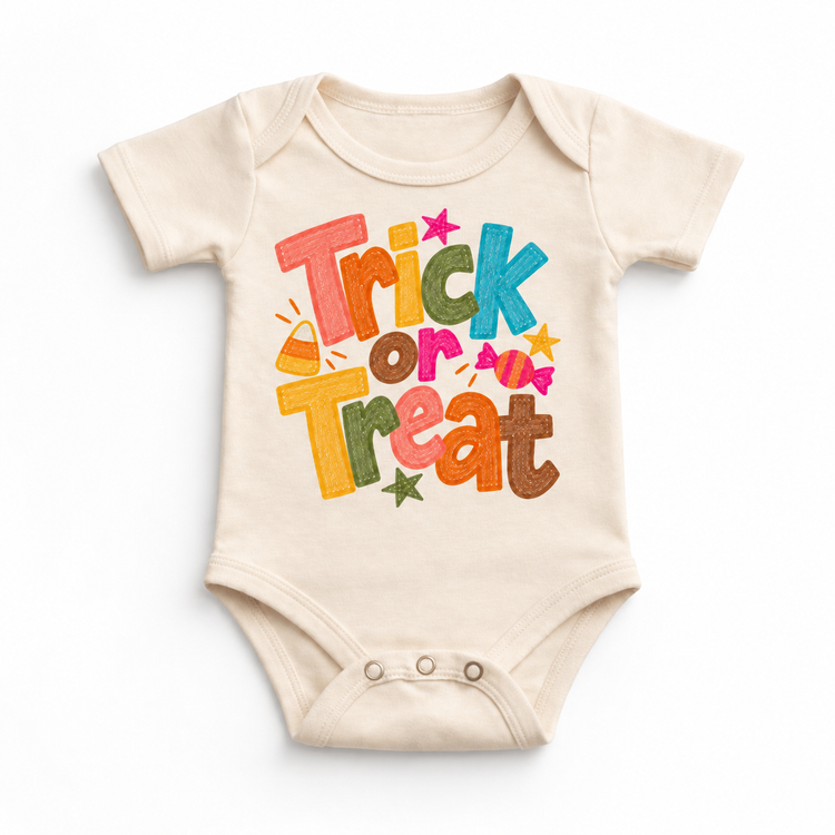 Trick or Treat colorful Halloween design on a natural bodysuit