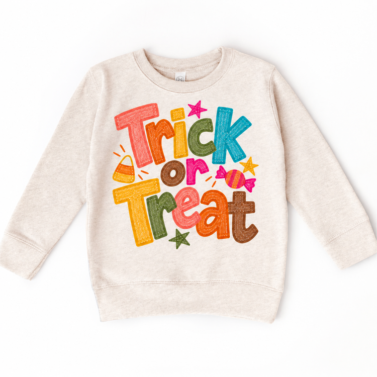 Trick or Treat colorful Halloween design on a natural sweatshirt
