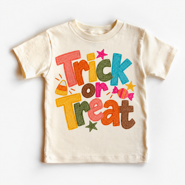Trick or Treat colorful Halloween design on a natural short sleeve tee