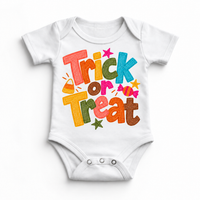 Trick or Treat colorful Halloween design on a white bodysuit