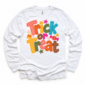 Trick or Treat colorful Halloween design on a white long sleeve tee